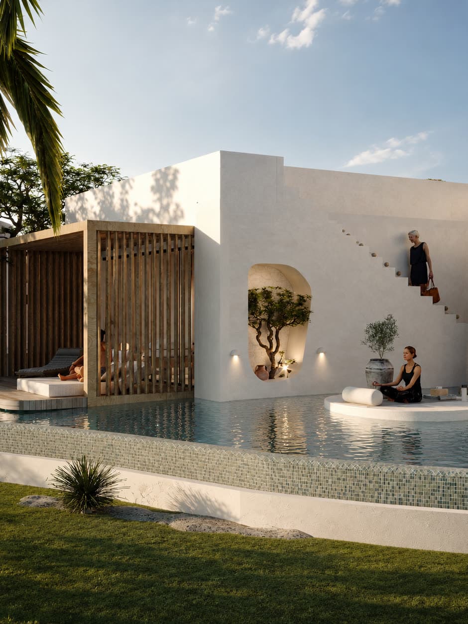A shaded courtyard and plunge pool in the late afternoon