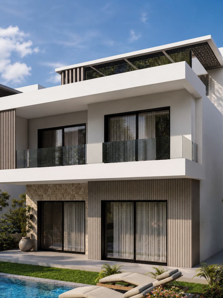 A NAVAIA villa — white render, stone and timber screening